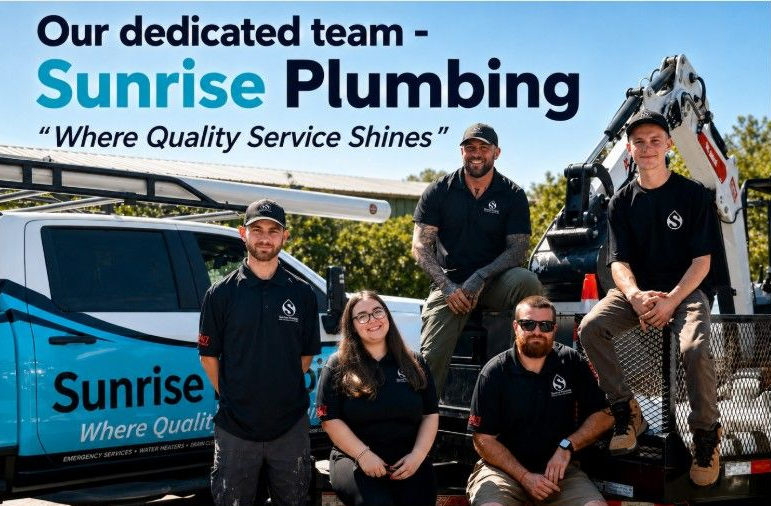 Five people posing beside a Sunrise work truck in a sunny outdoor setting