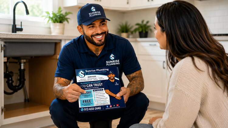Smiling person in a black Sunrise Plumbing polo and cap, standing with tattooed arms and hands clasped. Smiling person in a black Sunrise Plumbing polo and cap, standing with tattooed arms and hands clasped.