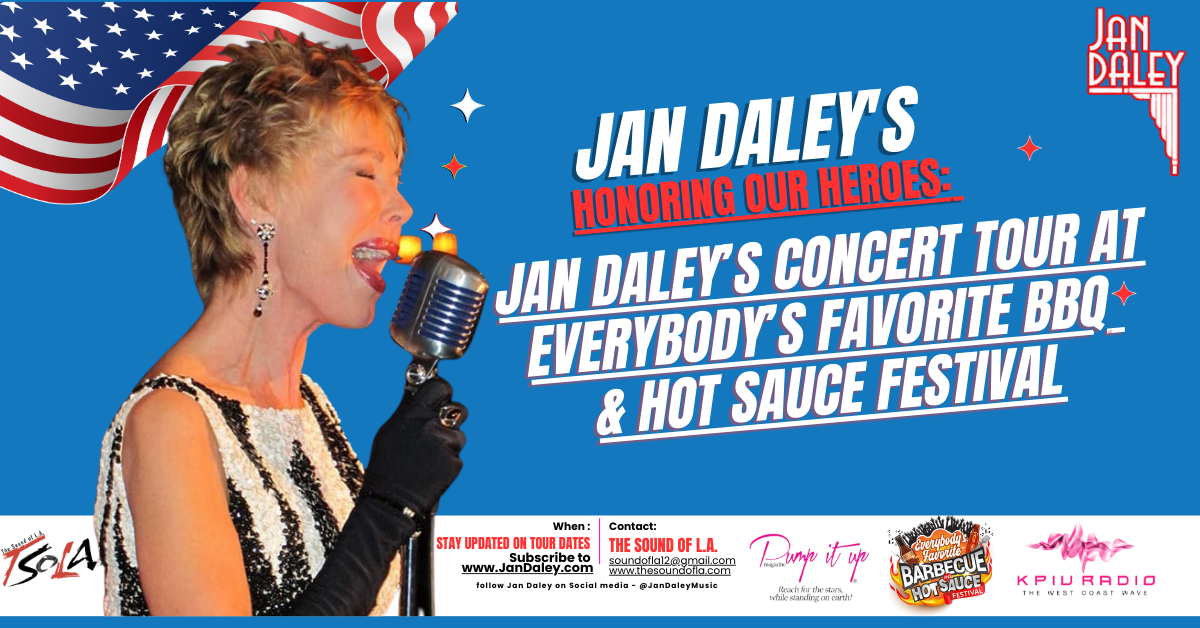 Jon Daly’s “Everybody’s Favorite BBQ & Hot Sauce Festival” tour poster with a woman singing into a mic on a blue background