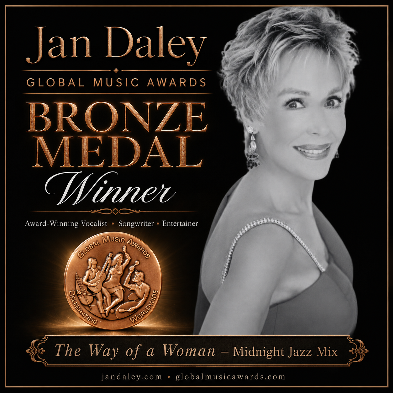 Jan Daley bronze medal winner music award cover with portrait and gold medal on black background