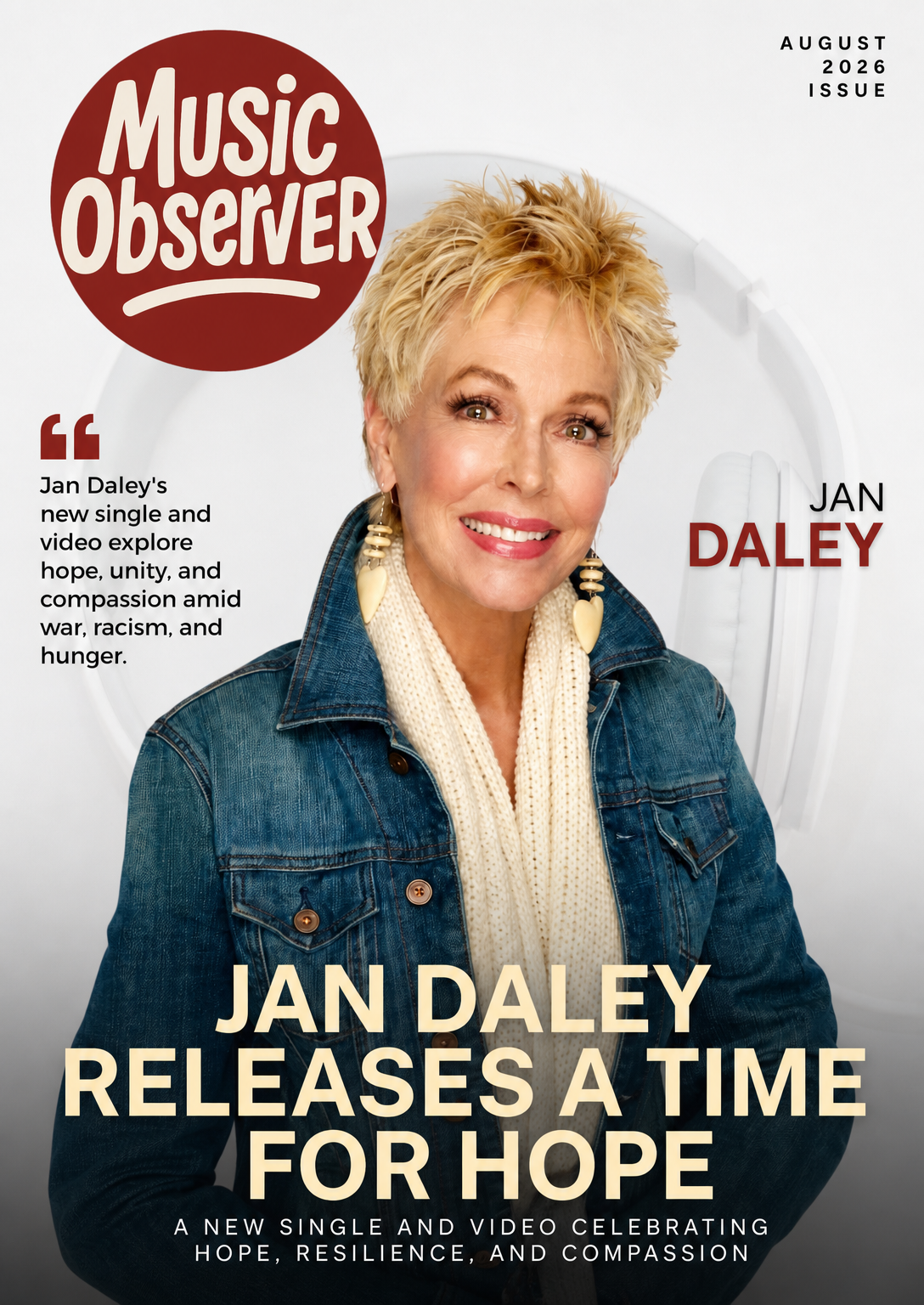 Music Observer cover featuring Jan Daley in a denim jacket, with headline “Releases a Time for Hope”