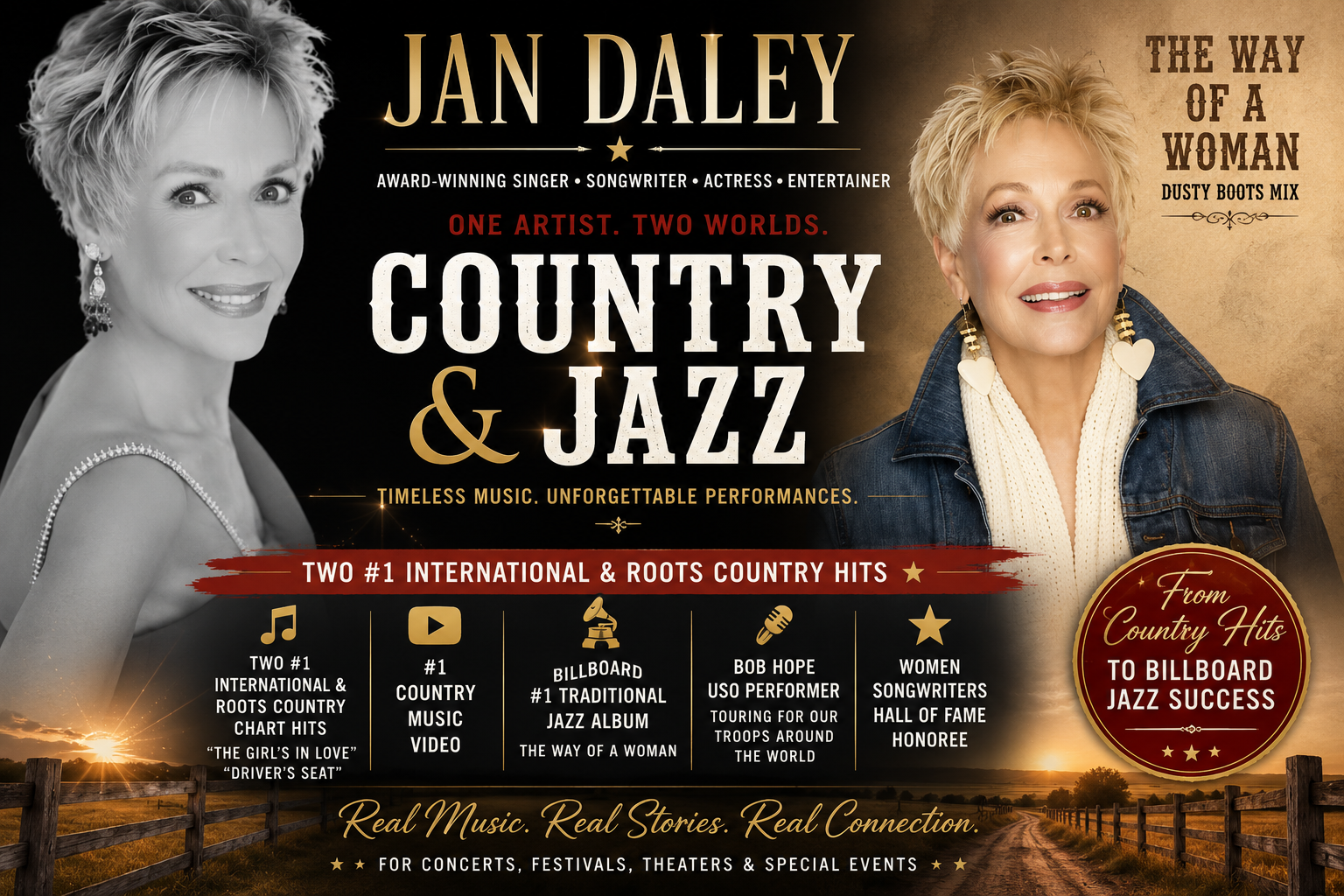 Jan Daley country and jazz concert poster with black-and-gold design and singer portraits