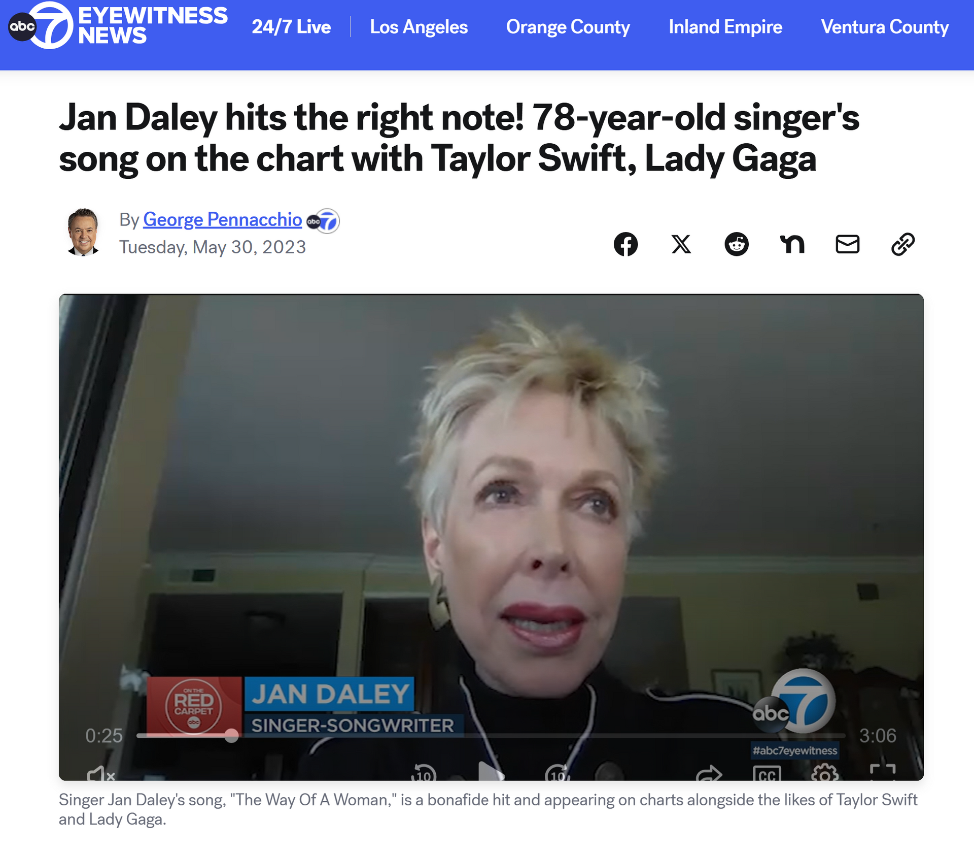 Jan Daley speaking in a news interview about her song charting with Taylor Swift and Lady Gaga