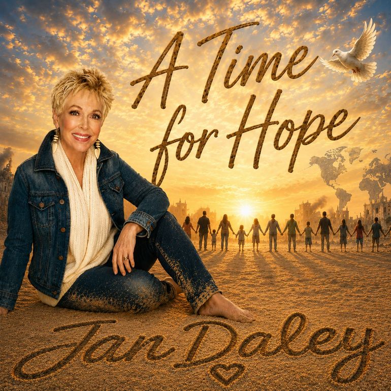 Album cover with Jan Dale on a golden sky background, title “A Time for Hope” and birds in flight