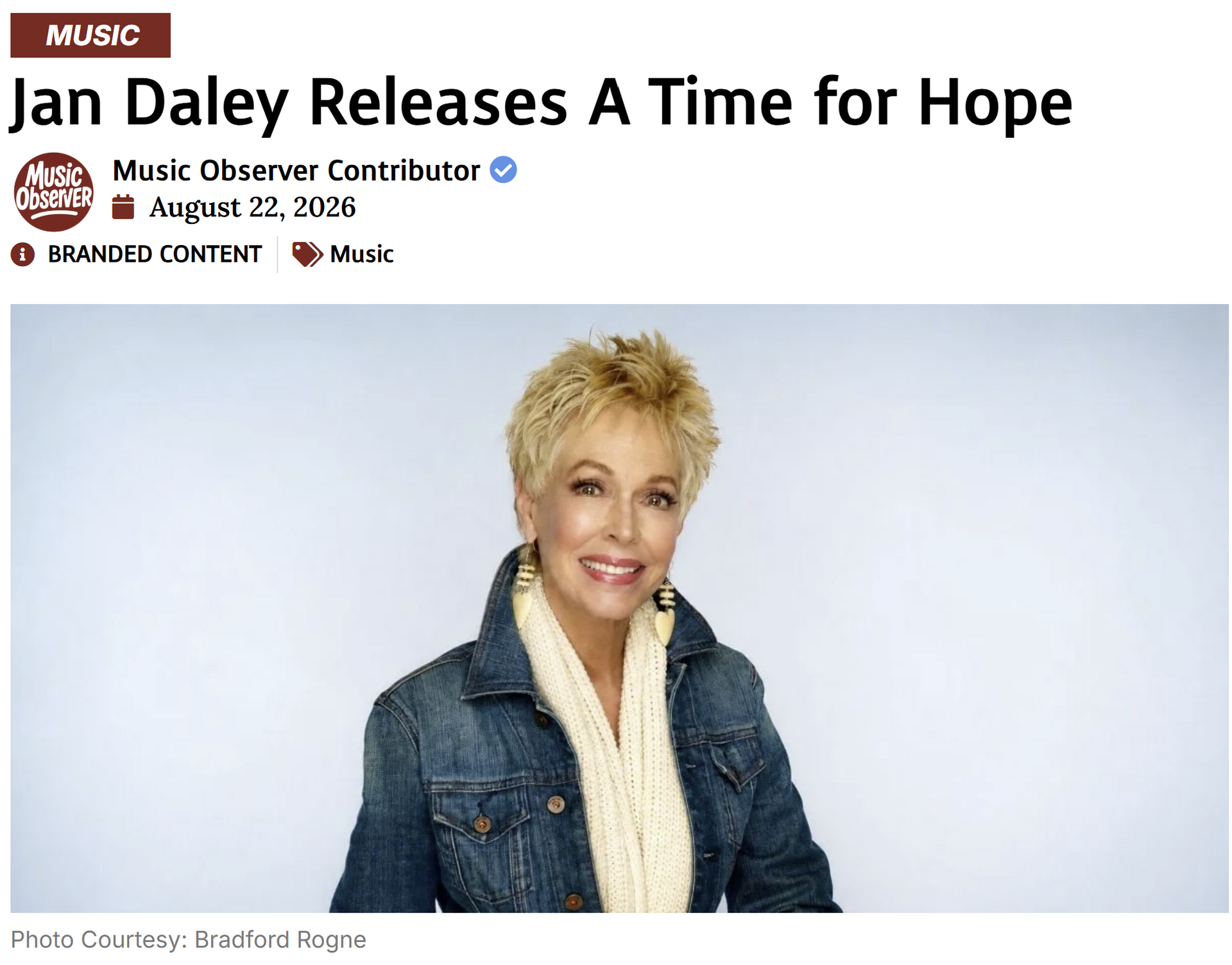 Jan Daley smiling in a denim jacket beside the headline “Jan Daley Releases A Time for Hope”