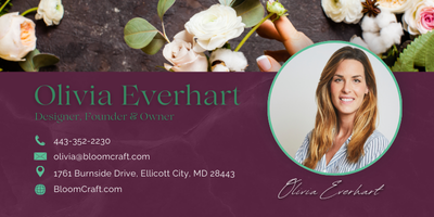 A business card for olivia everhart shows a woman holding a bunch of flowers.