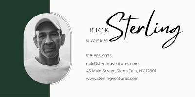 A business card for rick sterling with a picture of a man in a baseball cap.