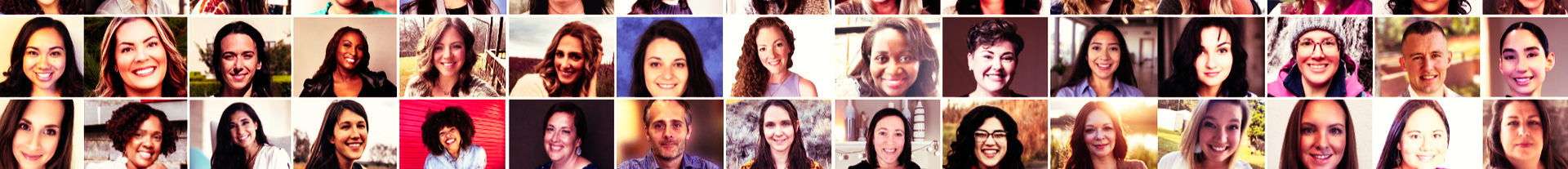 Grid of small headshot portraits of smiling people on colorful backgrounds