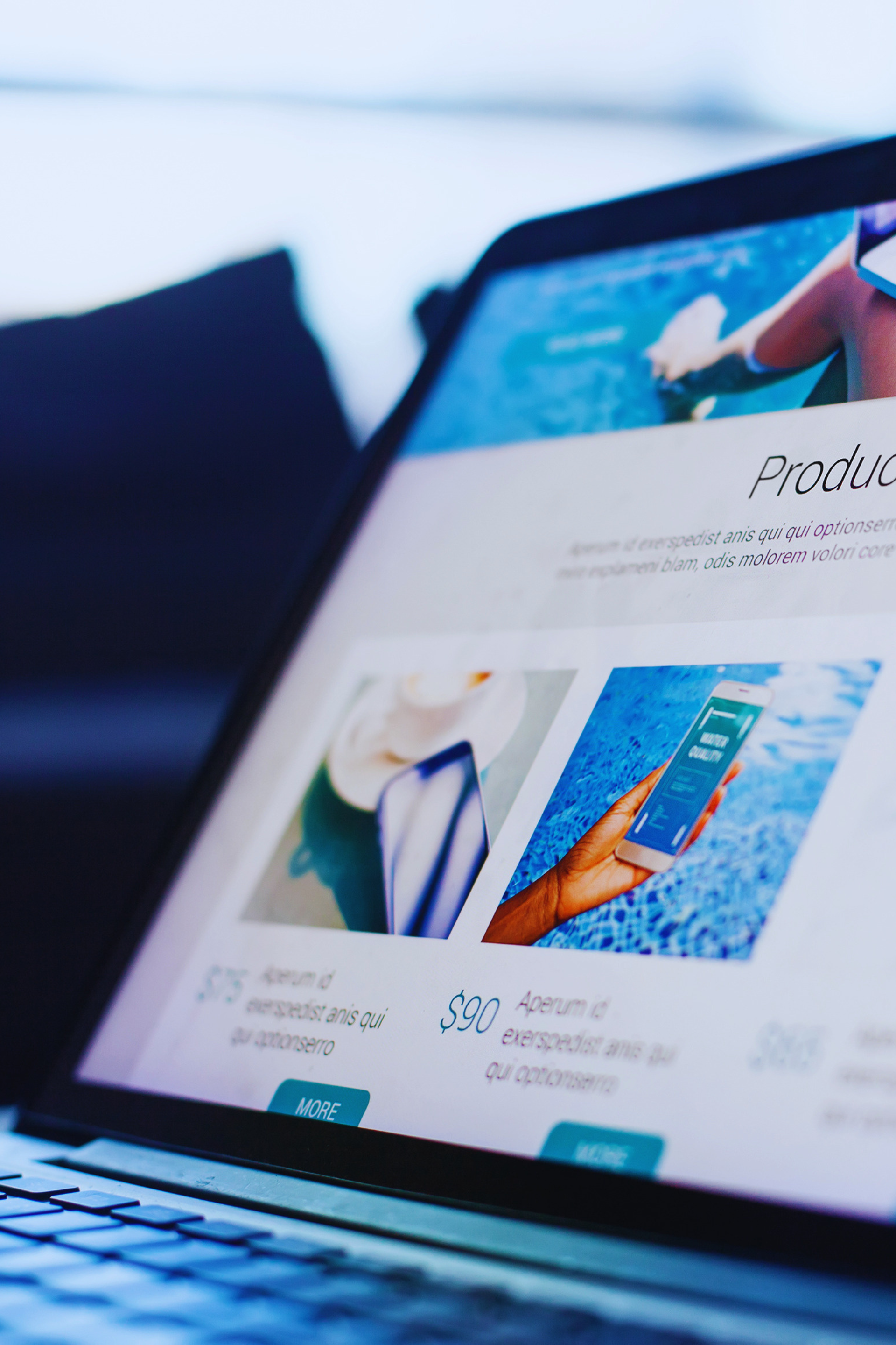 Laptop displaying a blue-themed website with product images and text