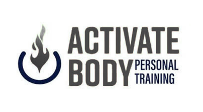 Logo for Activate Body Personal Training: gray text, flame icon, blue circle.