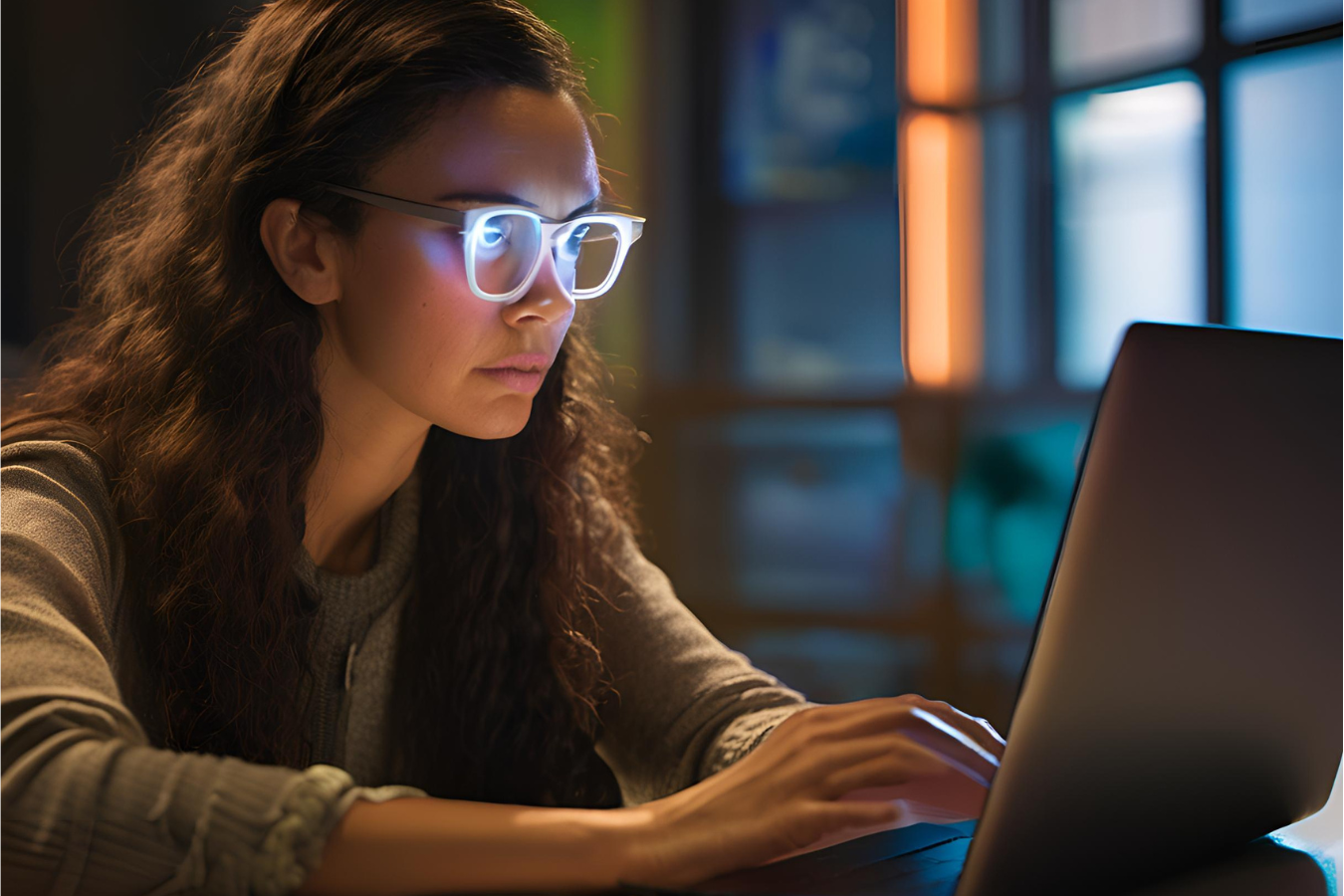 A woman wearing glasses is using a laptop computer at night.