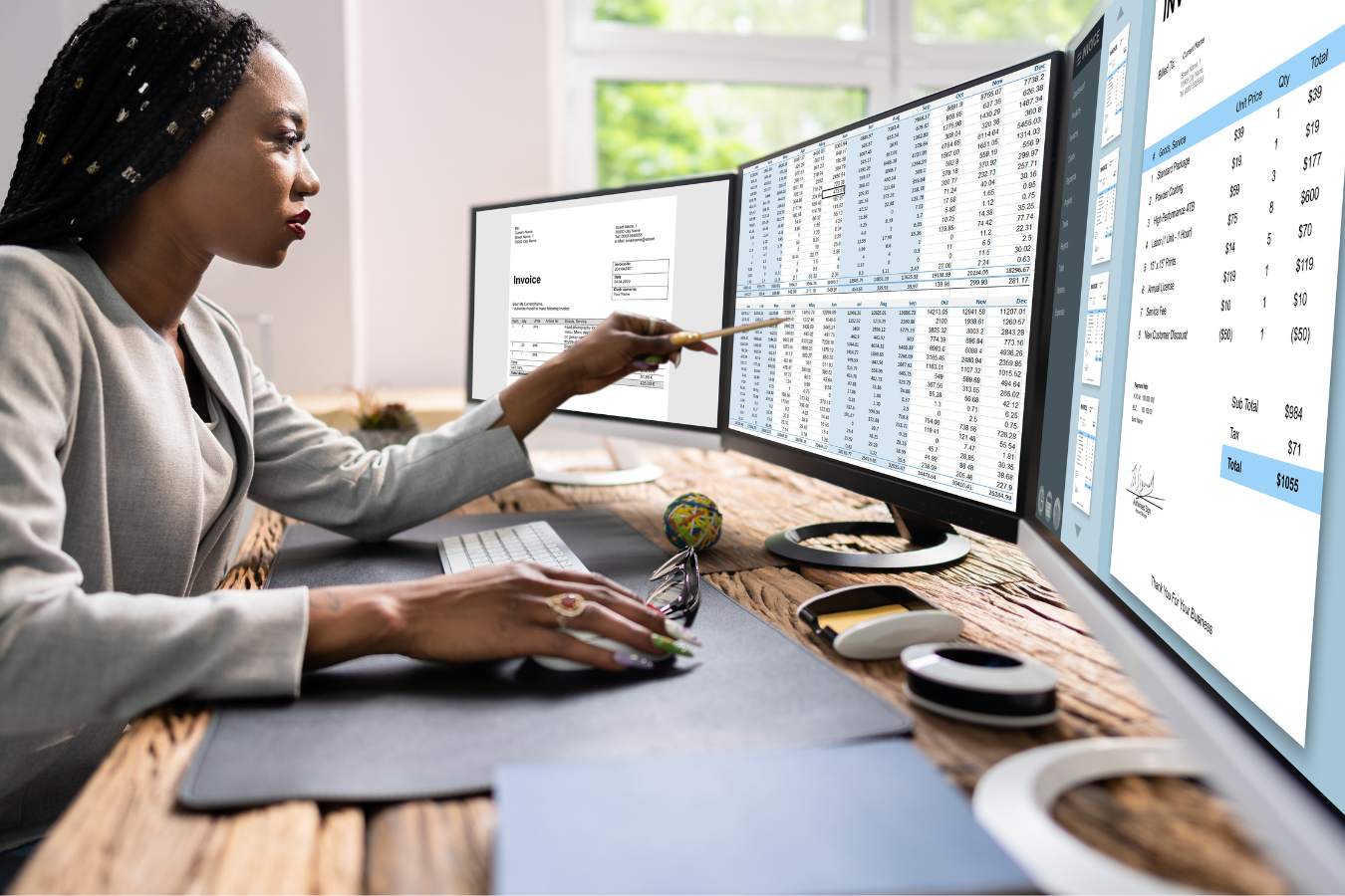 woman analyzes data on a series of computer screens