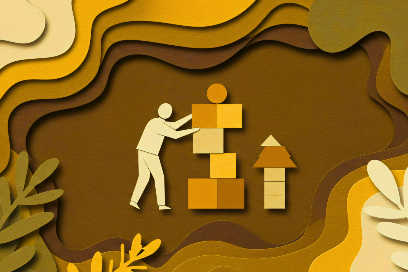 Person building with blocks, set against layered brown and gold paper.