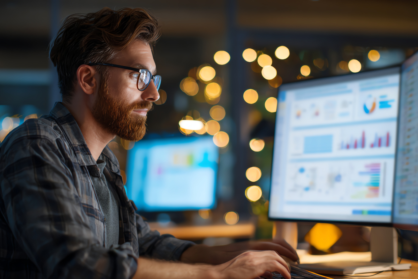 Man with glasses working on a computer at night, analyzing data on screen. Dim, bokeh lights in background.