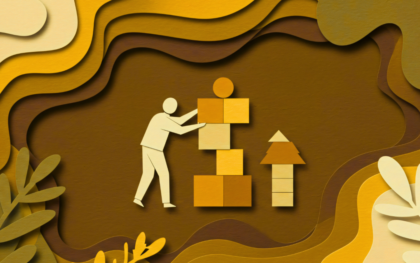 Person building a tower with blocks, set against a layered, abstract brown and yellow background.