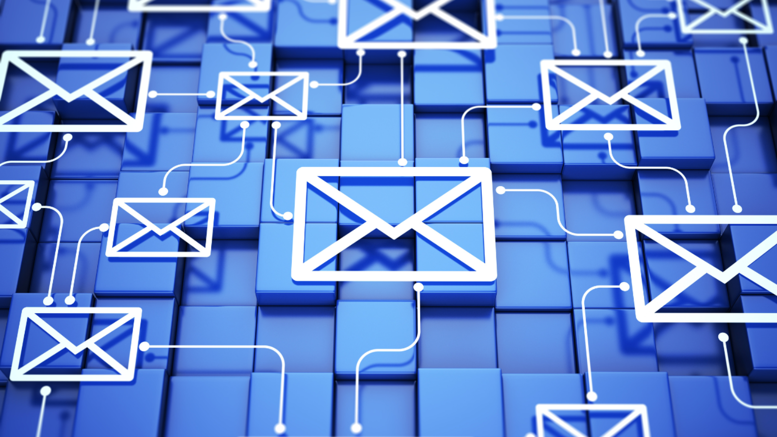 White email envelope icons connected by lines on a blue, cube-textured background.