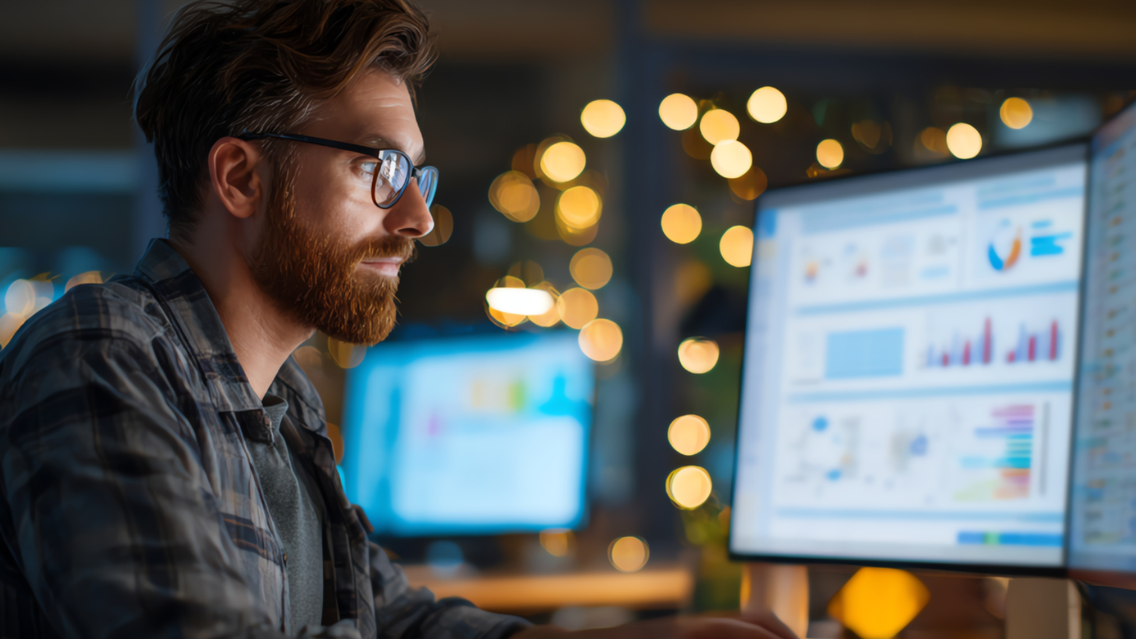 Man with glasses and beard looking at computer screens with data charts in a dimly lit office.