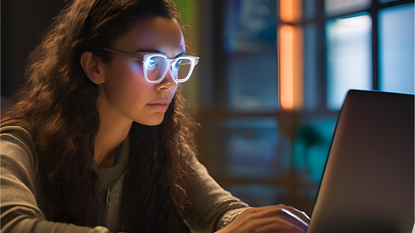 A woman wearing glasses is using a laptop computer at night.