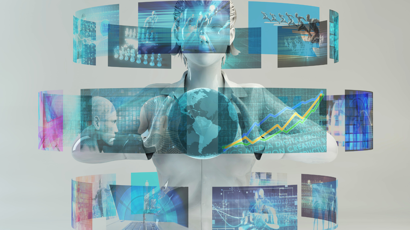 A woman wearing a virtual reality headset is surrounded by images.