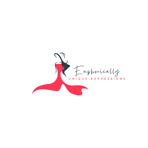 A logo for a company called euphorically unique expressions with a woman in a red dress.