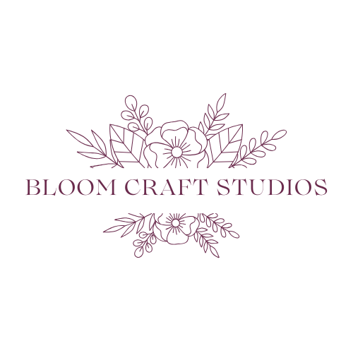 A logo for bloom craft studios with flowers and leaves on a white background.