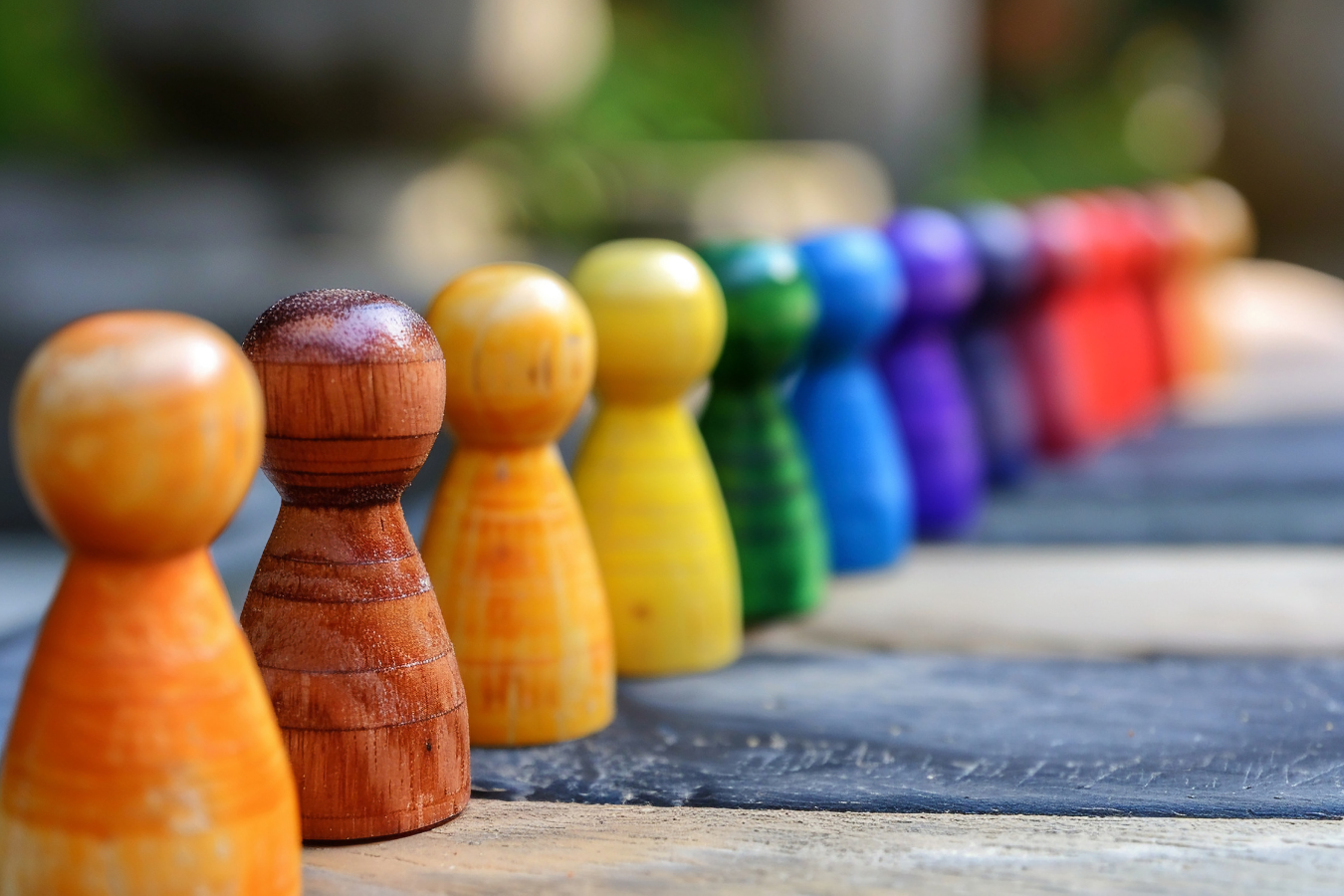 A row of wooden peg dolls of different colors are lined up on a wooden table.