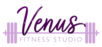 Logo for Venus Fitness Studio. Purple text, barbell design.