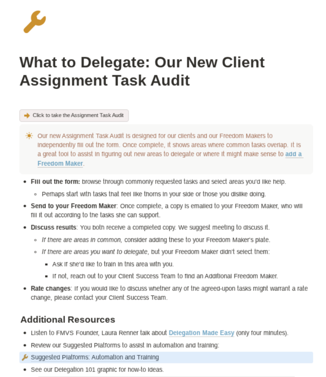 A page that says what to delegate our new client assignment task audit