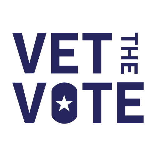 Blue “VET the VOTE” text with a star inside the O.