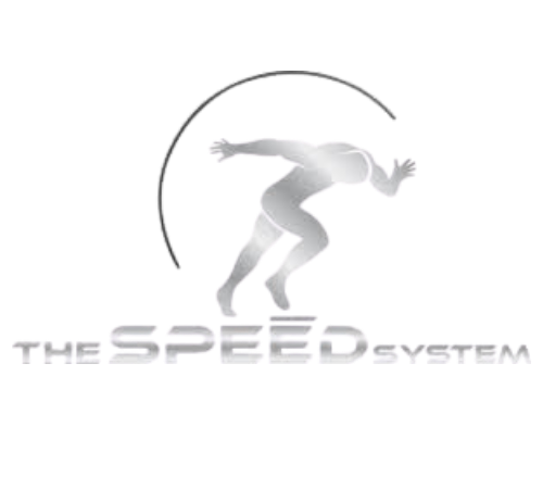 A silver logo featuring a sprinting figure inside a partial arc above the text 