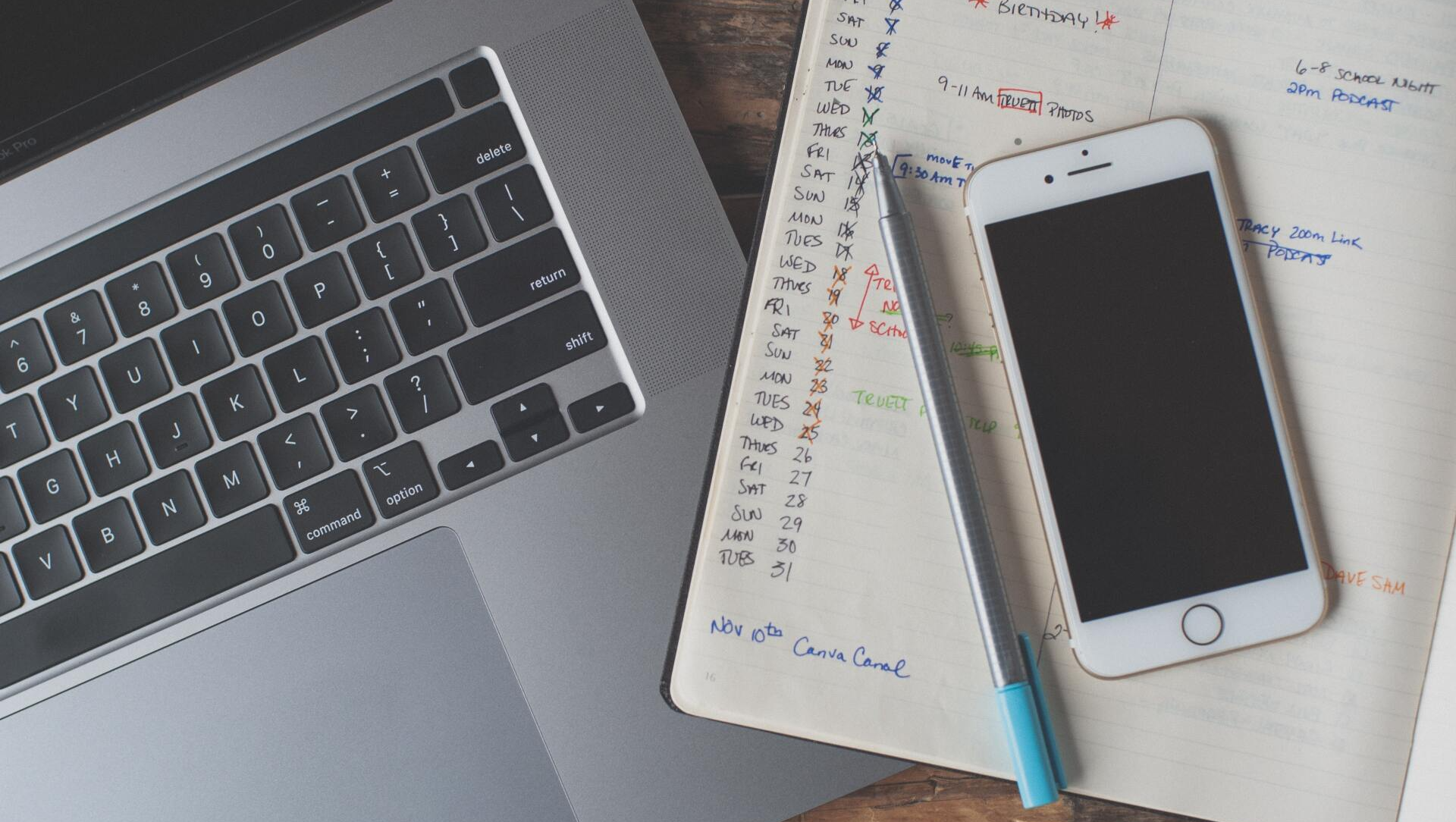 Laptop and phone on notebook