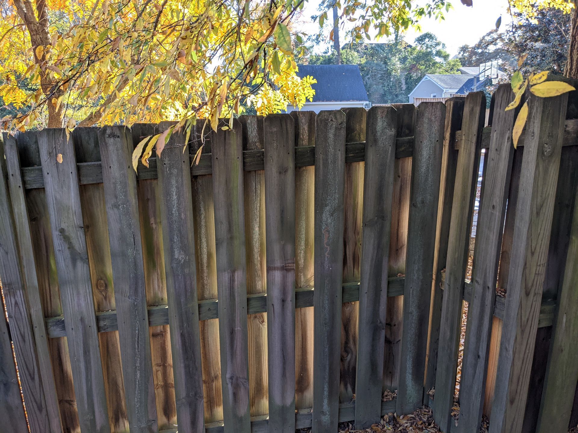 A wooden fence with a tree in the background