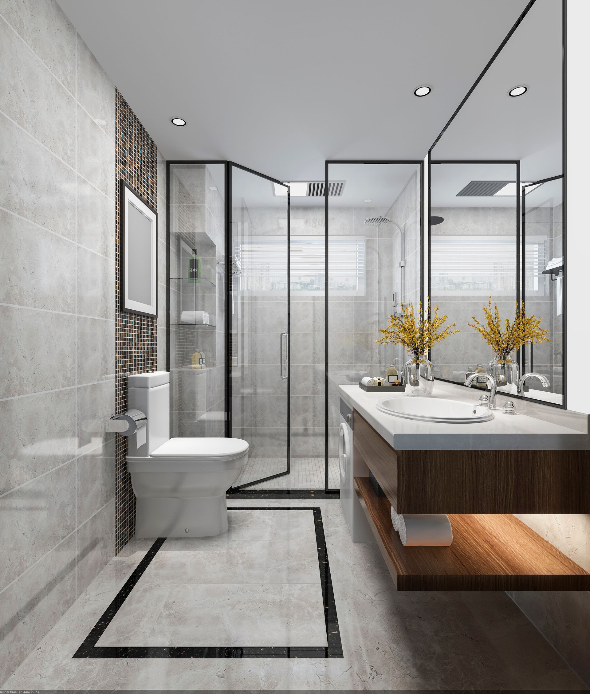 A bathroom with a toilet , sink , and shower.