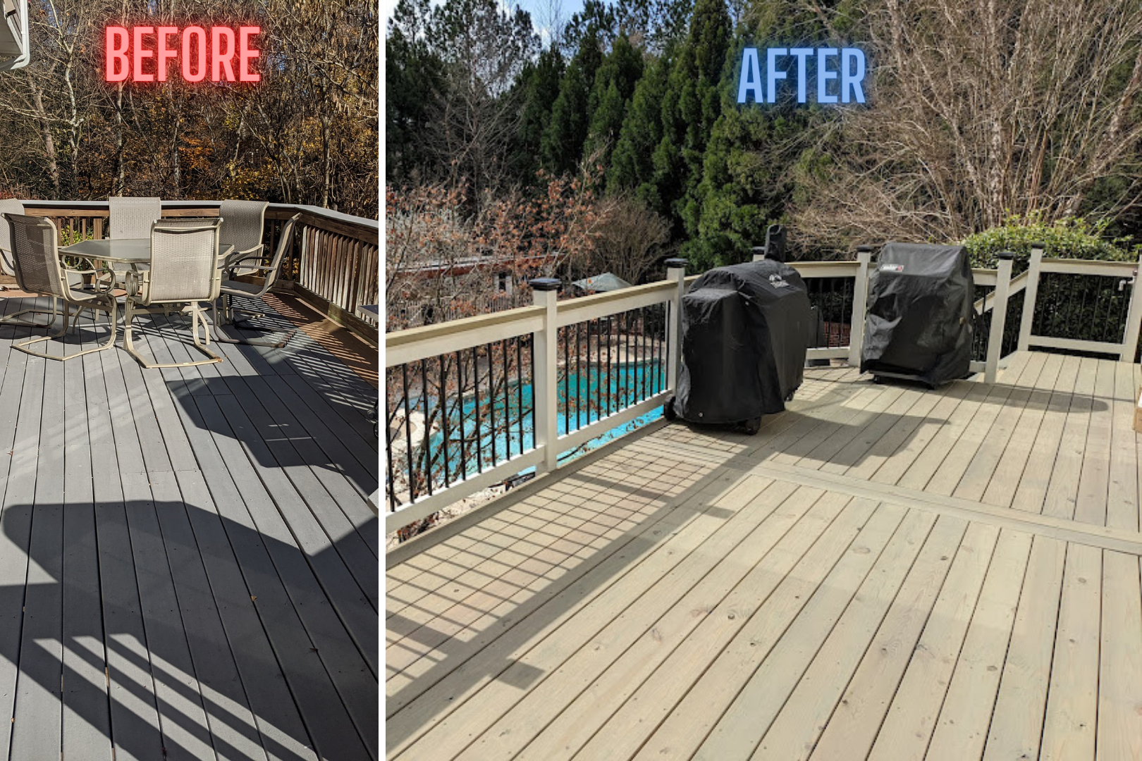 A before and after photo of a wooden deck with a pool in the background.