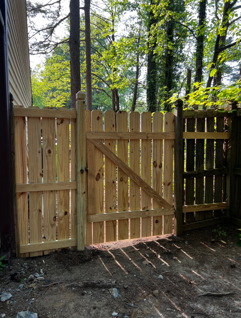 A wooden fence with a gate is surrounded by trees