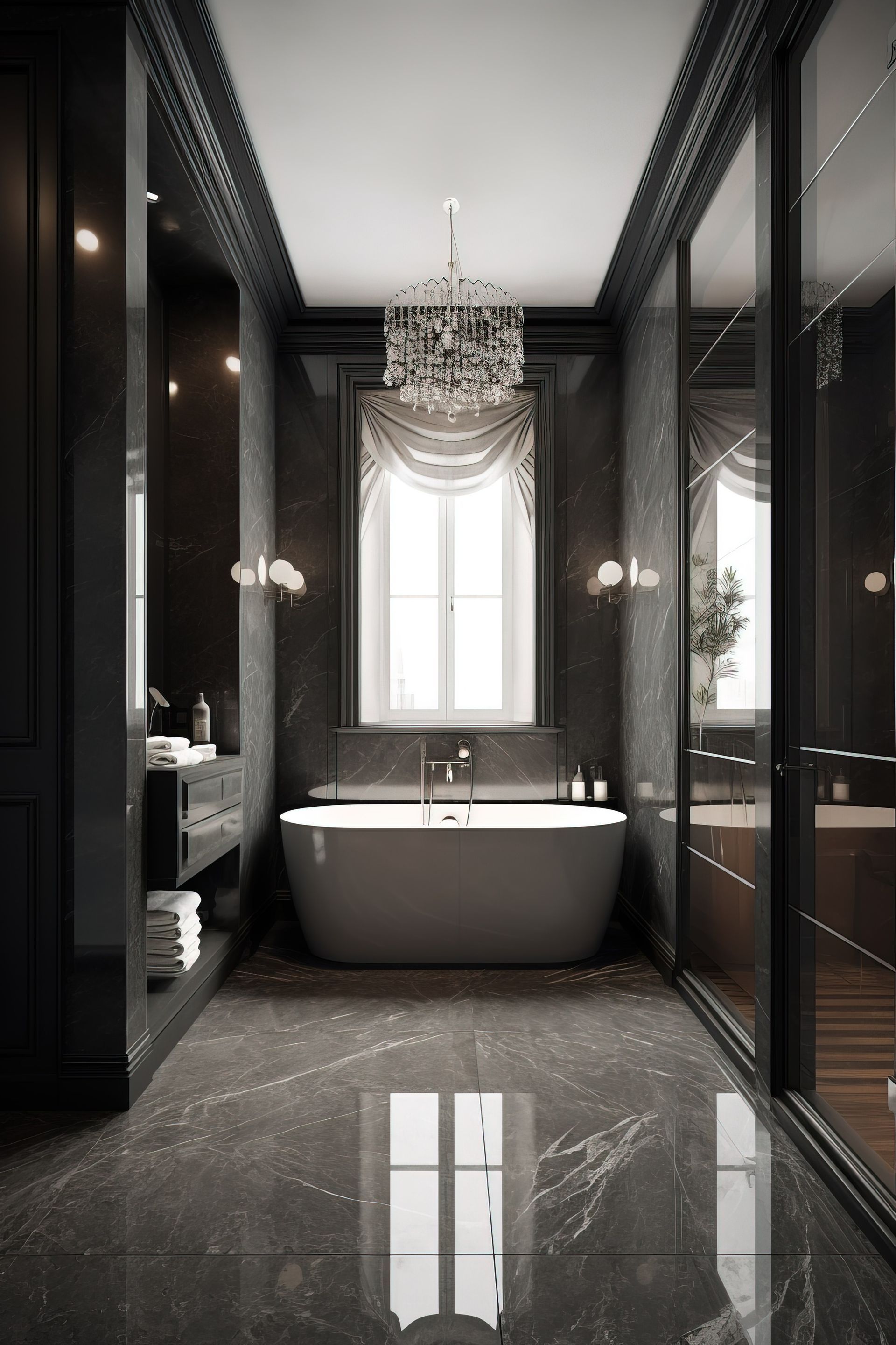 A bathroom with a tub , sink , mirror and chandelier.