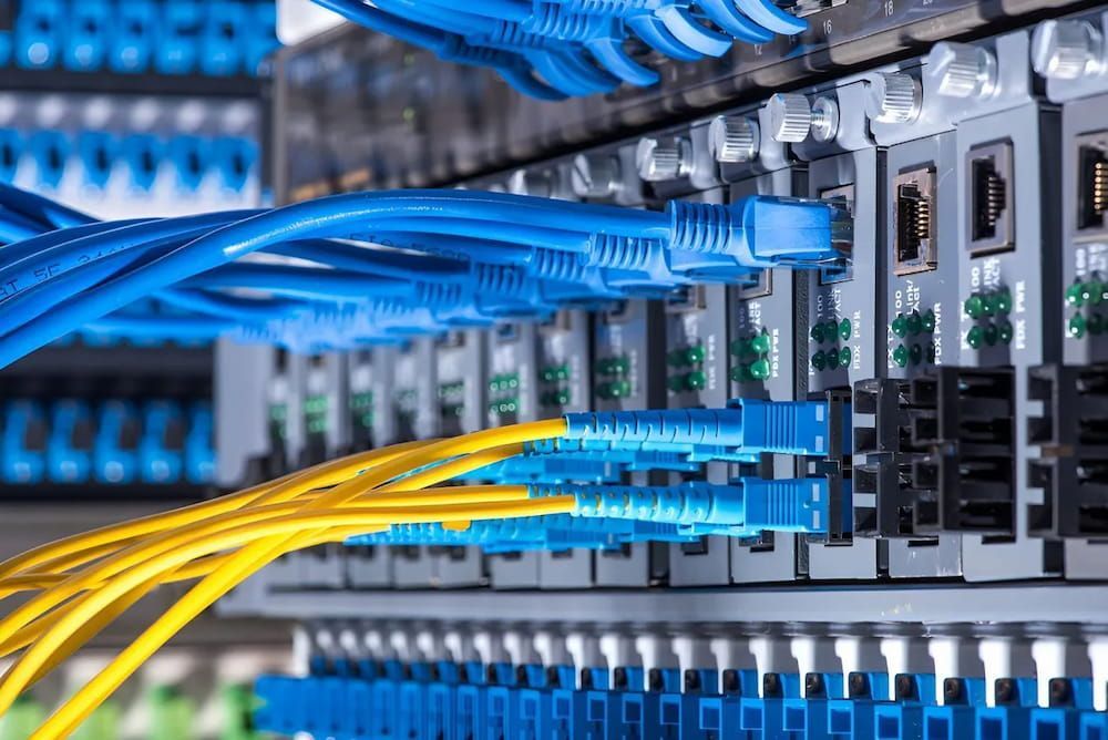 Blue and Yellow Network Cables Connected to Server Hardware in a Data Center — Superior Wifi in Byron Bay, NSW