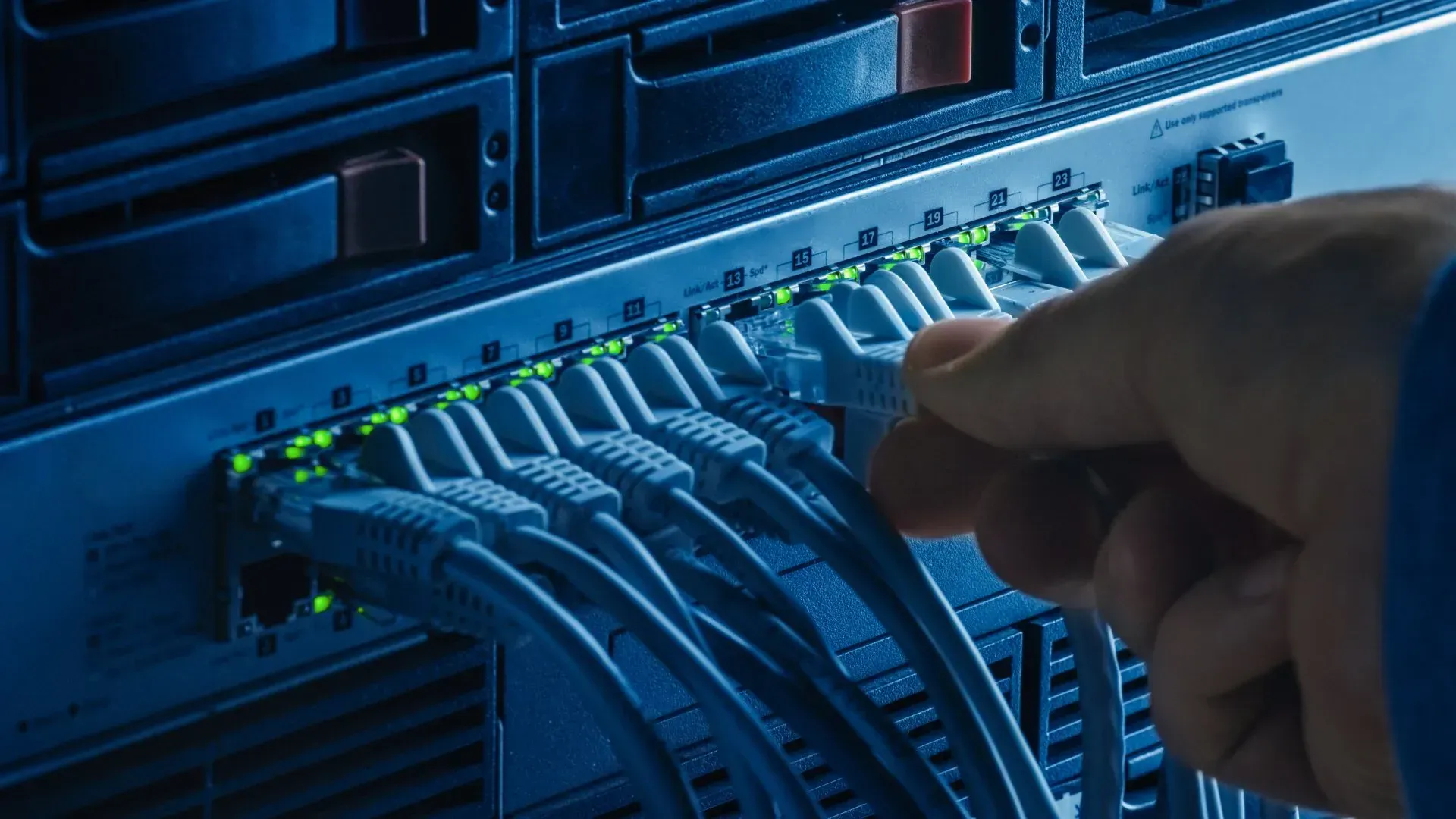 Person Plugging Network Cable Into Server With Blue Lights — Superior Wifi in East Ballina, NSW