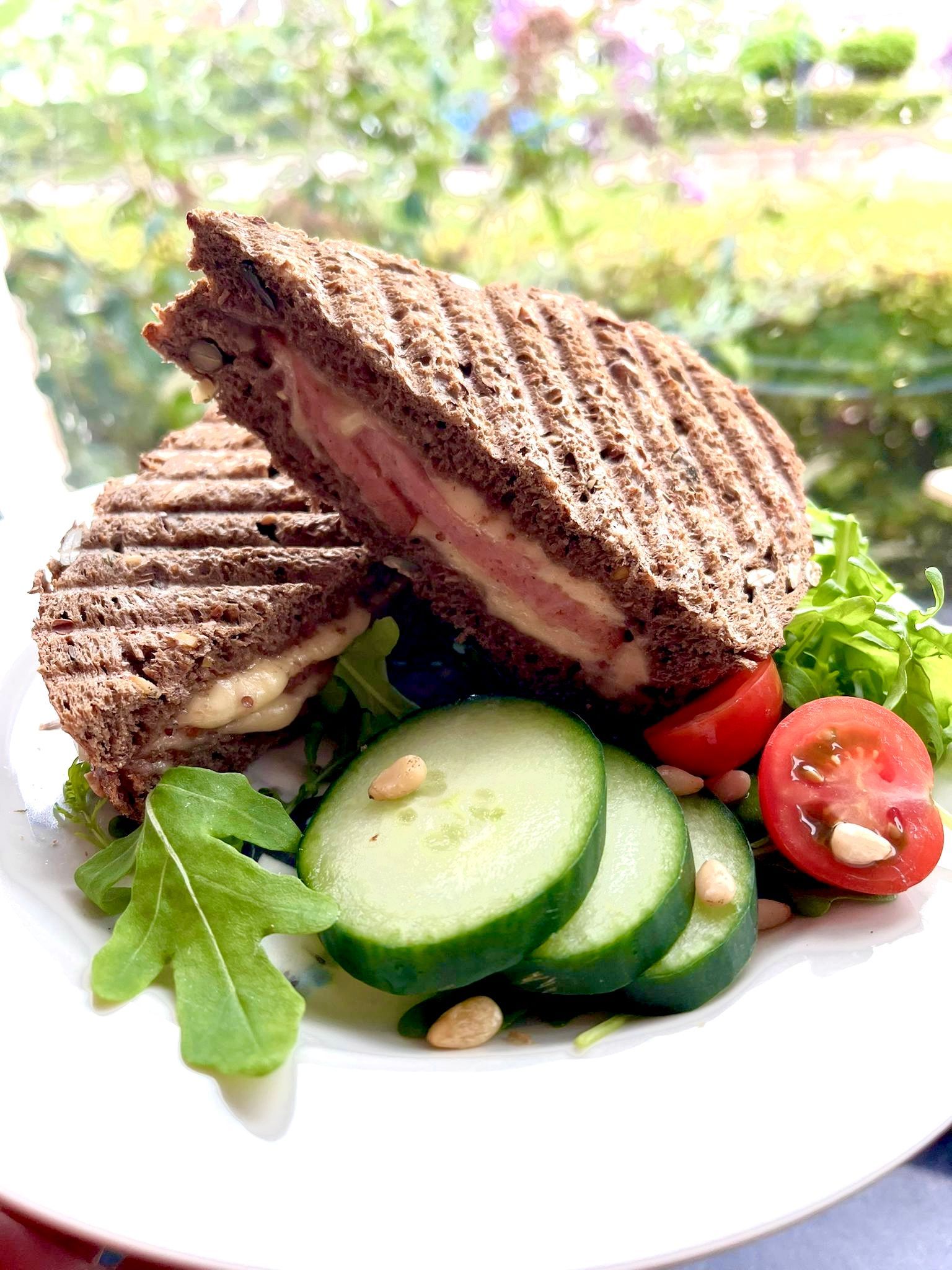 Twee gegrilde roggebroodsandwiches geserveerd met plakjes komkommer, cherrytomaatjes en groene bladgroenten op een wit bord.