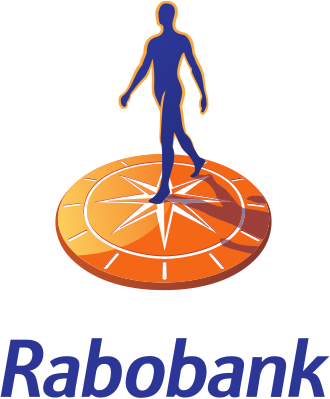 Het Rabobank-logo toont een donkerblauwe mensfiguur die loopt op een oranje, kompasachtig cirkelvormig embleem boven de tekst.
