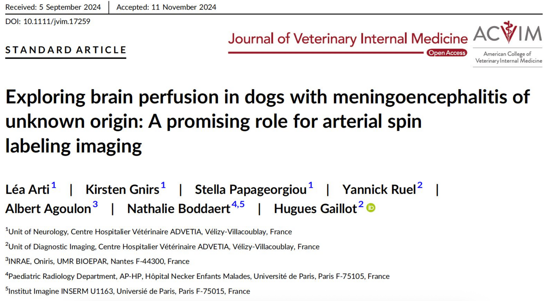 Un article intitulé « Exploration de la perfusion cérébrale chez les chiens atteints de méningo-encéphalite d'origine inconnue »