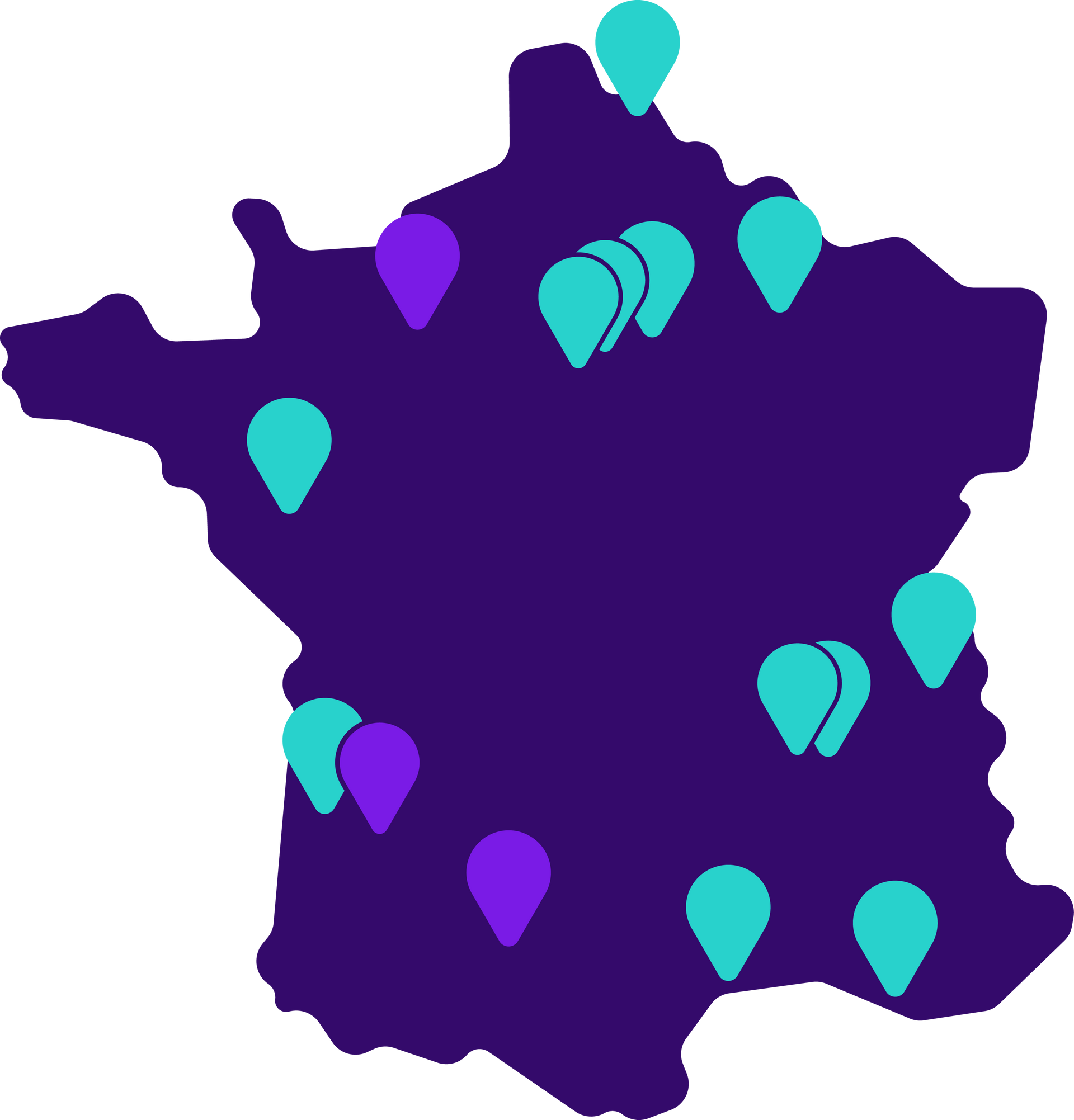 Une carte de France avec des épingles violettes et bleues dessus.