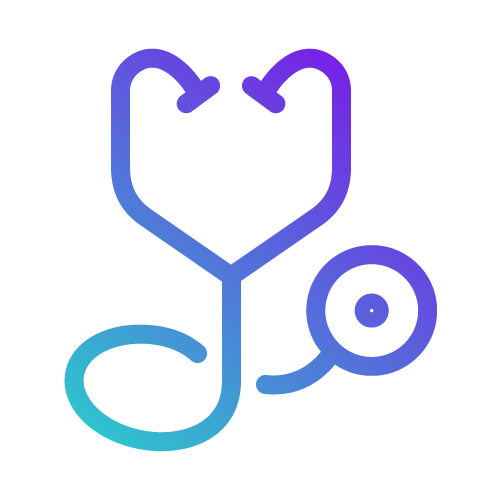 Médecine Interne Une icône de stéthoscope bleu et violet sur fond blanc.