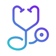 Médecine Interne Une icône de stéthoscope bleu et violet sur fond blanc.