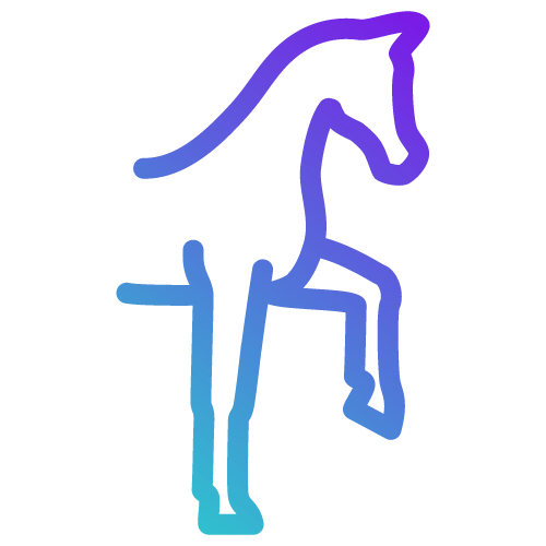 Un dessin bleu et violet d'un cheval sur fond blanc.