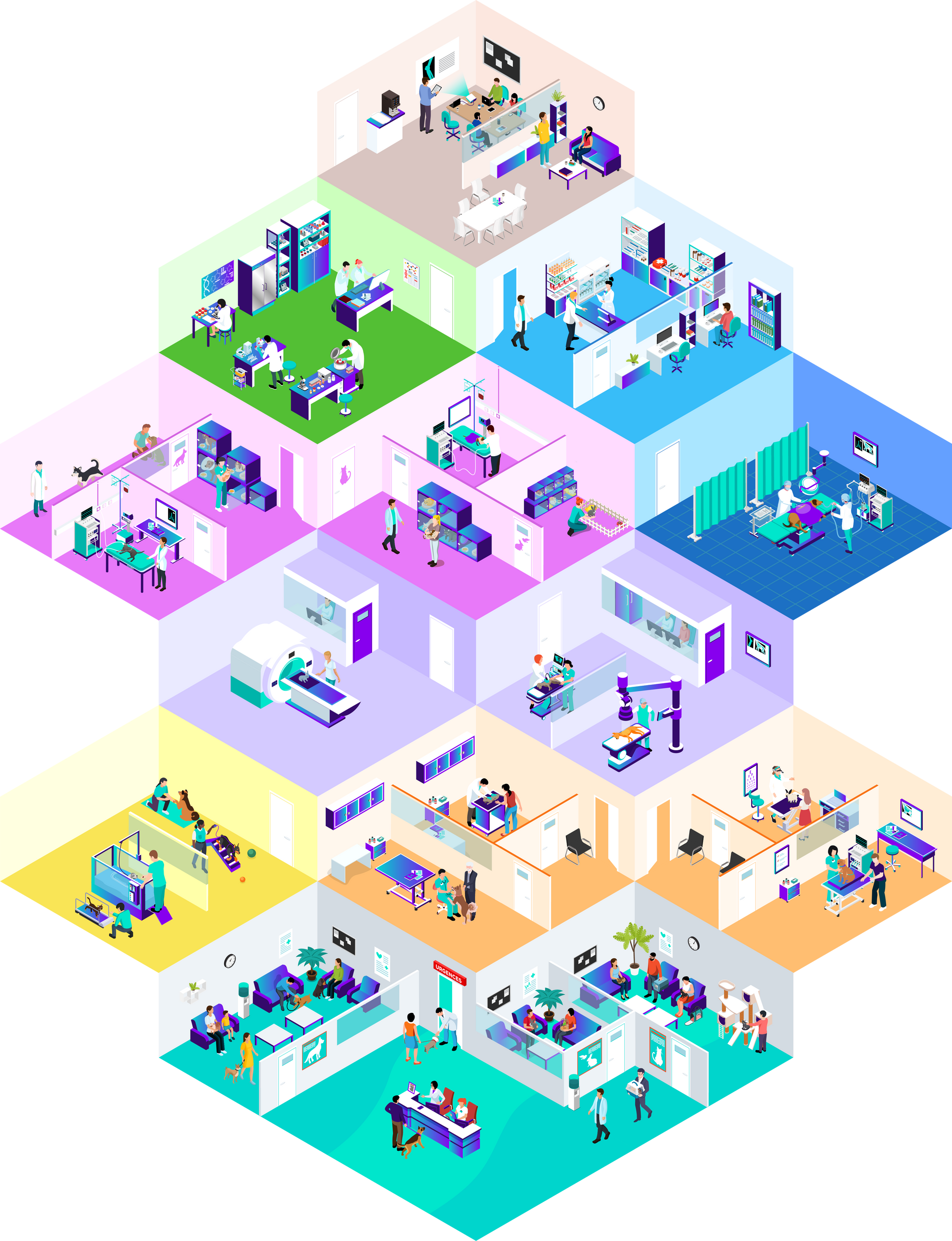 Une illustration isométrique d'un hôpital avec beaucoup de chambres et de personnes.