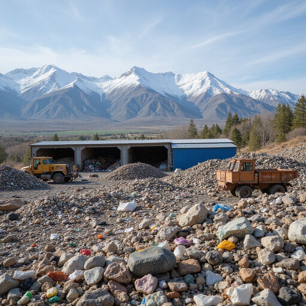 Landfill with mountains in background; trucks, rocks, and debris.