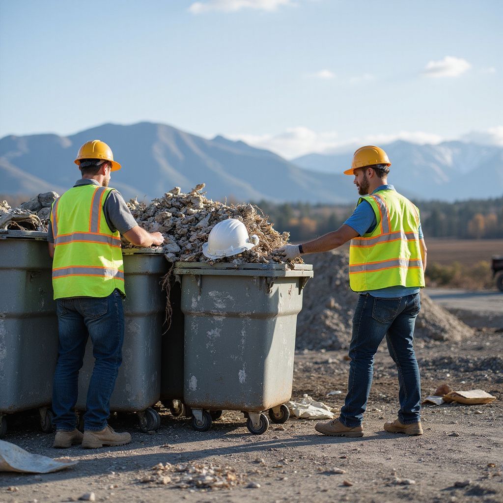Two workers in safety vests and hard hats sorting debris into large bins with mountains in the background.