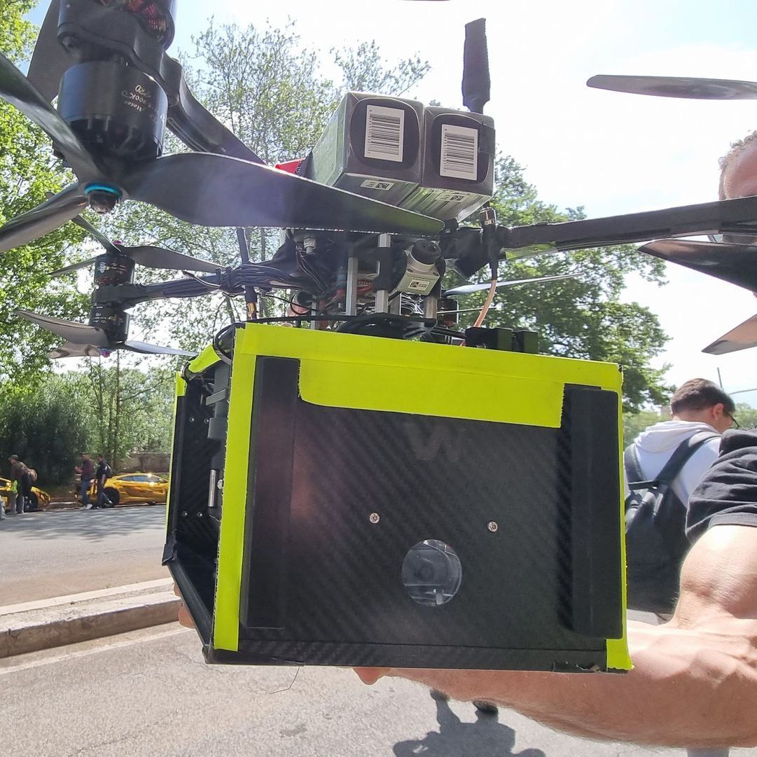 WarpCam® mounted on a drone for aerial filming.