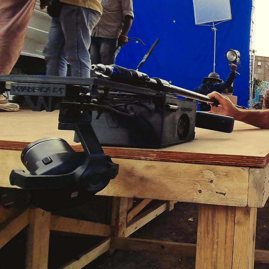 WarpCam® camera rig on a workbench during setup.